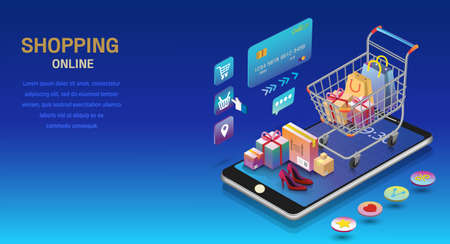 Online shopping on mobile phone apps. Bags, gift boxes in the cart, convenient to pay via credit card without going to the store. Cover page for the website. Mobile marketing. Vector illustration 3Dのイラスト素材