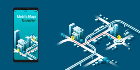Mobile maps Navigation, And tracking concept. Isometric city map, App design, Infographic. Vector...
