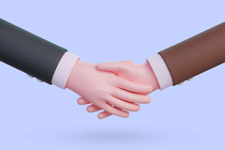 Cartoon character handshake. Business clip art isolated over purple background with clipping path....