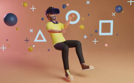 Cartoon character men floating in the air playing a video game with VR glasses concept of technology...