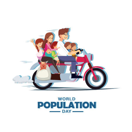 World population day, 11th July, whole family with pet dog on a motorbike, motorcycle, family vacation, poster, vector illustrationのイラスト素材