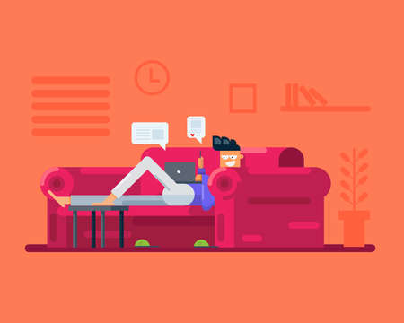 working from home illustration, boy using social media on laptop and mobile phone inside home during coronavirus pandemic cartoon vector backgroundのイラスト素材