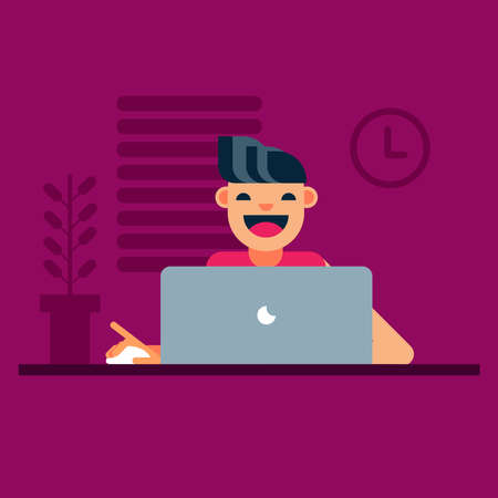 Working from home in lockdown due to coronavirus, kid, teenager illustration vector, online schooling of kid on laptop illustrationのイラスト素材