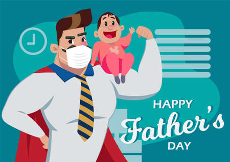 Happy father's day, Superhero dad and son with medical mask inside home illustration vectorのイラスト素材