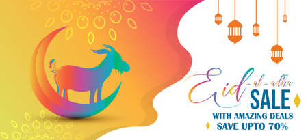 Eid al adha, Eid qurban sale banner with goat and crescent moon, vector illustrationのイラスト素材