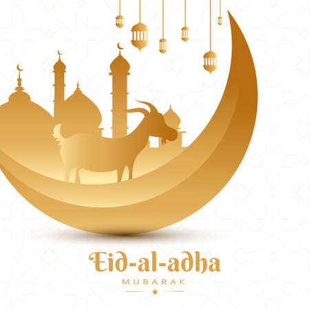 Eid al adha, Eid qurban semi realistic greeting poster for web with goat, mosque and moon, illustration vectorのイラスト素材