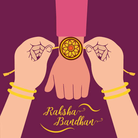 Happy Raksha Bandhan, sister tying rakhi to brother hand greeting poster, card, vector illustrationのイラスト素材