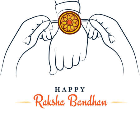Happy Raksha Bandhan, sister tying rakhi to brother, sketchy greeting poster, card, flat illustration, vectorのイラスト素材