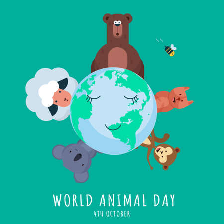 World Animal Day, 4th October, poster with cute animal illustrations, vector