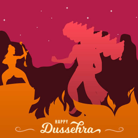 Happy Dussehra, Rama and Ravana fight poster, Ram and Ravan festival banner, vector illustrationのイラスト素材