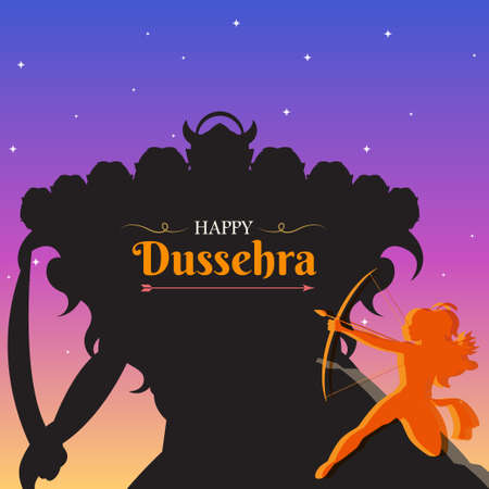 Happy Dussehra, Rama and Ravana fight silhouette poster, Indian festival banner, vector illustrationのイラスト素材