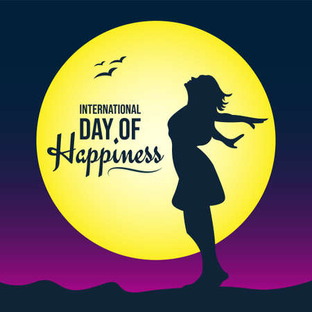 International Day of Happiness, 20 March, Happy girl, women jumping in joy silhouette scenery, vector illustrationのイラスト素材