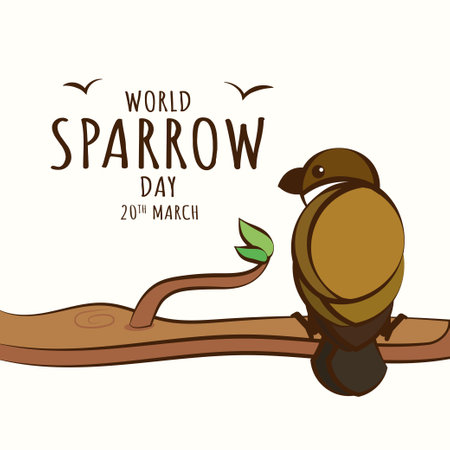 World Sparrow Day 20th March poster, bird sitting on tree branch cartoon illustration vectorのイラスト素材