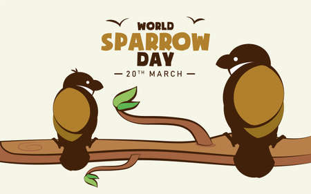 World Sparrow Day poster, scenery of birds sitting on tree branch cartoon illustration vectorのイラスト素材