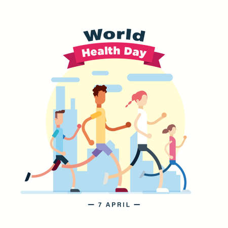 World Health Day 7 April poster, people running and jogging, morning walk illustration vector bannerのイラスト素材