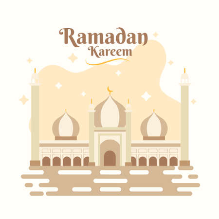 Ramadan Kareem greeting poster, Mosque scenery illustration vector bannerのイラスト素材