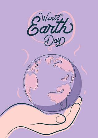 Earth Day beautiful poster flyer template, Globe in hand flat illustration banner vectorのイラスト素材