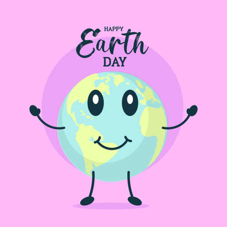 Happy Earth Day poster, smiling planet globe flat illustration banner, vectorのイラスト素材