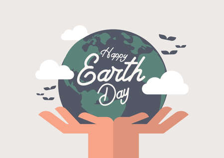 Happy Earth Day poster, banner design, Globe in hands flat illustration vectorのイラスト素材