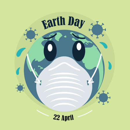 Earth Day, corona virus pandemic poster, 22 April, Earth in mask, save earth, pollution illustration vector bannerのイラスト素材