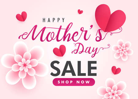 Happy Mother's Day sale banner design, elegant shop now realistic 3D Mothers Day wallpaper with heart and flower illustration vector posterのイラスト素材