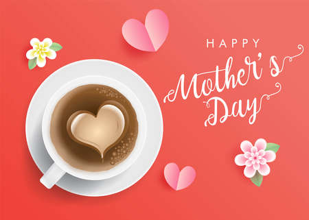 Happy Mothers Day wishes, Happy mother's day greeting card vector banner design, Mom love wallpaper background with realistic 3d tea, coffee and flowersの写真素材