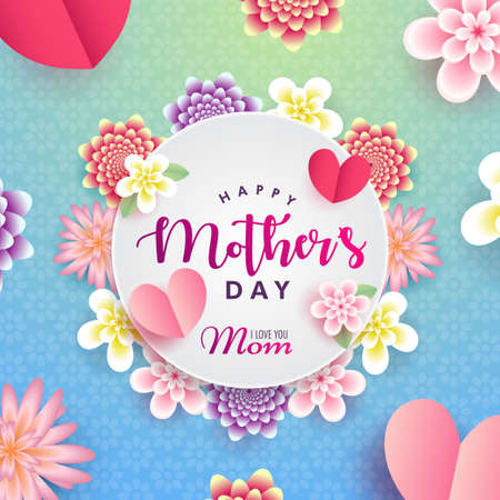 Happy Mother's Day, I love you mom beautiful realistic flowers poster banner vector, floral Greeting card wishes wallpaper background designのイラスト素材