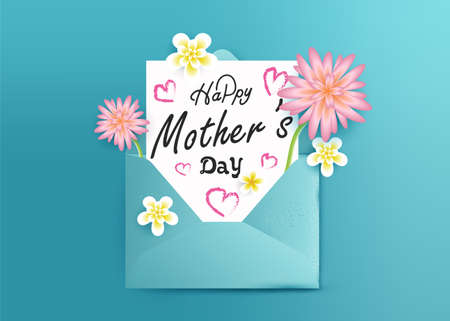 Happy Mother's Day 3D greeting card in envelope, Mothers day wishes for mom, beautiful elegant floral poster banner, realistic wallpaper vector designのイラスト素材