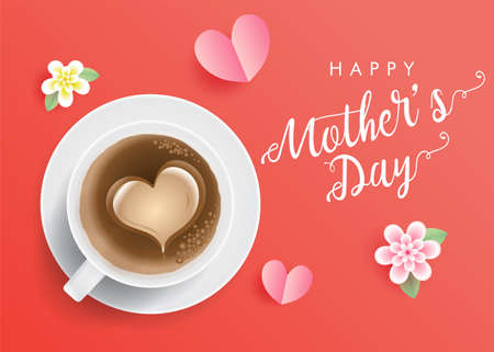 Happy Mothers Day wishes, Happy mother's day greeting card vector banner design, Mom love wallpaper background with realistic 3d tea, coffee and flowersのイラスト素材