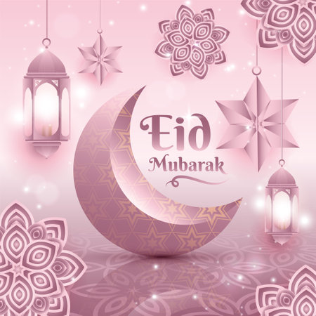 Eid mubarak, Eid al adha, Eid al fitr, greetings, celebration, calligraphy card vector design with moon and lanternのイラスト素材