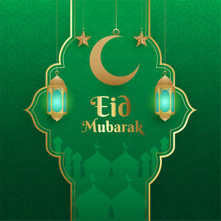 Eid mubarak, Happy Eid al adha, Eid al fitr calligraphy green greeting card with mosque poster vector designのイラスト素材