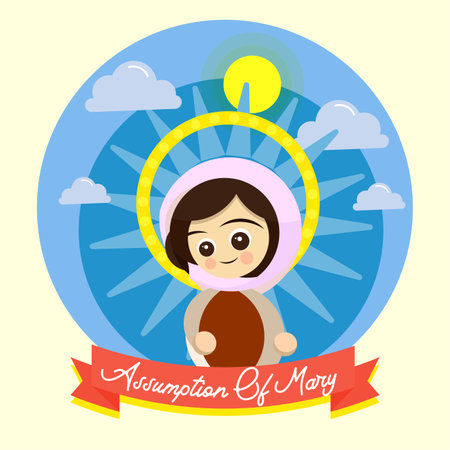 Happy Assumption of Mary day vector illustration greeting card, God Virgin Mary Maria drawing, religious Poster, August 15, Important day designのイラスト素材