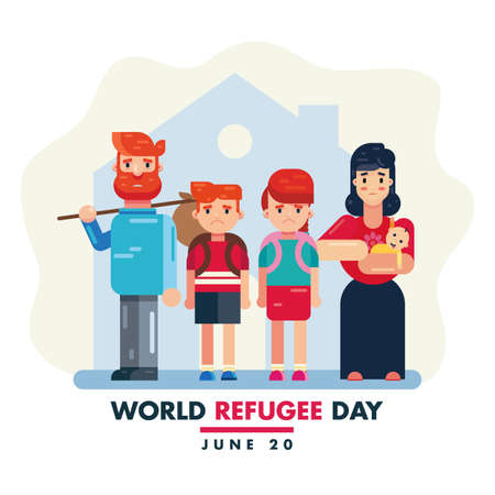 World Refugee Day 20th June, family of people in war crisis vector illustration poster banner design templateのイラスト素材