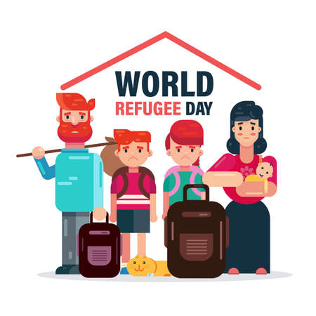 World Refugee Day 20th June vector illustration with family cartoon character design backgroundのイラスト素材