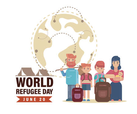 World Refugee Day 20th June, sad family leaving with camp and globe war crisis poster banner background templateのイラスト素材
