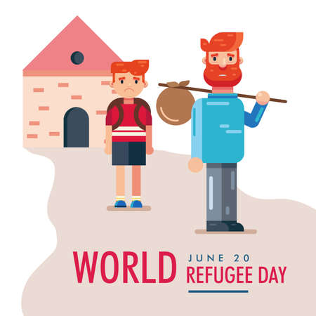 World Refugee Day 20 June, father and son children leaving house vector poster design artのイラスト素材