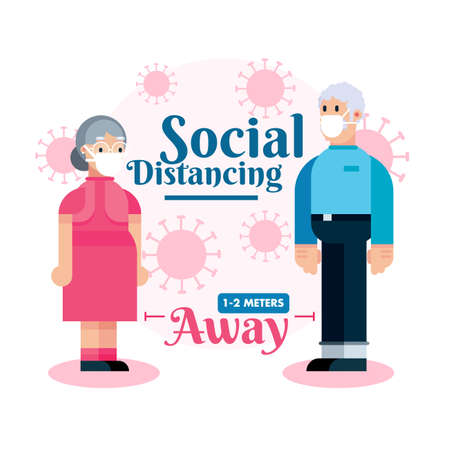 Social distancing set of icons. Simple old man or woman with arrow 2 meter distance between. Can be used during corona virus covid-19 outbreak prevention designのイラスト素材