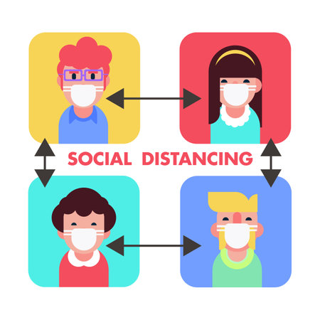 Social Distancing people kids online classes with mask in Covid 19 virus pandemic vector poster illustration banner design artのイラスト素材