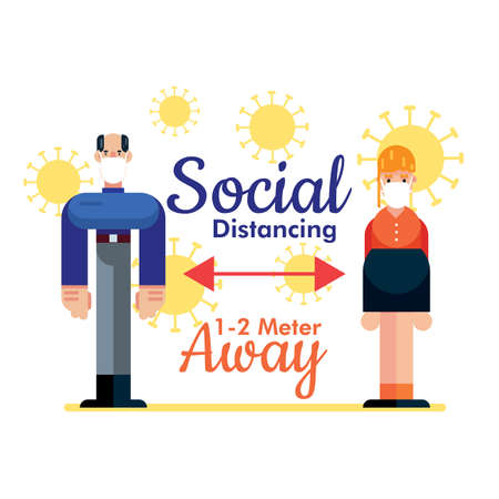 Social Distancing two meters people with mask in Covid 19 virus pandemic vector poster banner design artのイラスト素材