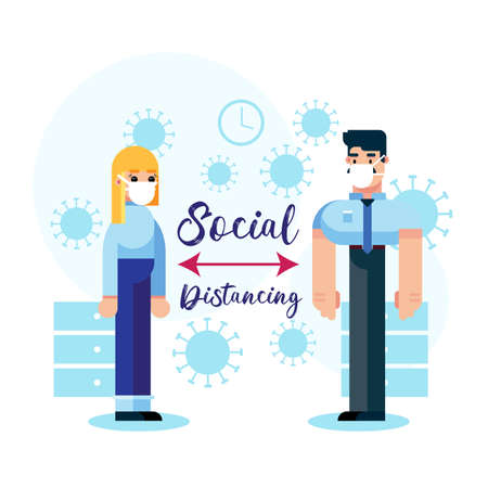 Social distancing, keep distance in public society people to protect from COVID-19 coronavirus outbreak spreading concept, businessman and woman keep distance away in the meeting with virus pathogens designのイラスト素材