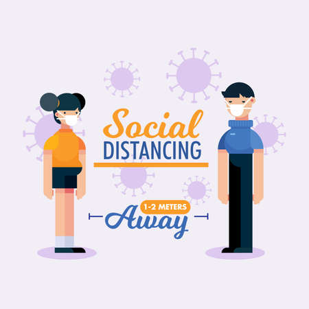 Social Distancing 2 meter people in Covid 19 virus pandemic vector poster illustration banner design template artのイラスト素材