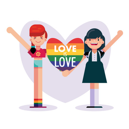 Pride month, love is love two Couple girls holding rainbow heart celebration banner poster design vector artのイラスト素材