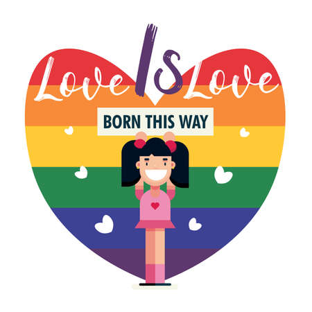 Pride month, born this way love is love beautiful poster with girl and rainbow color hearts placard banner design celebration vector pictureのイラスト素材