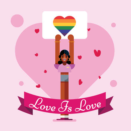 Black gay lgbt girl holding pride month love is love placard with rainbow hearts vector illustration poster designのイラスト素材