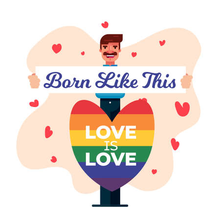 Born like this, pride month lgbt man guy with placard and rainbow color heart in celebration illustration poster design picture vector templateのイラスト素材