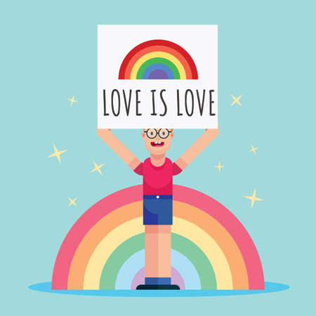 Pride month Placards, love is love vector with gay boy people illustration rainbow banner poster design backgroundのイラスト素材