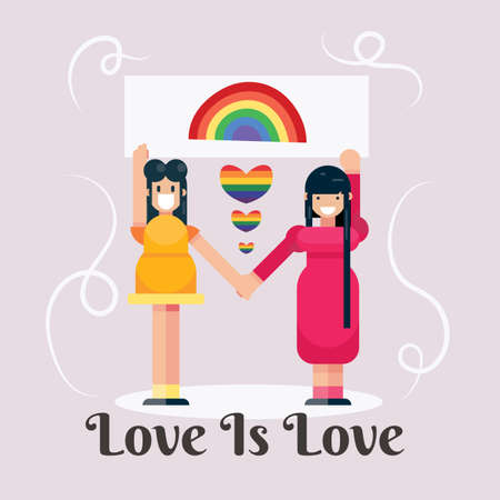 Pride month, love is love two Couple girls holding rainbow placards celebration banner poster design vector templateのイラスト素材