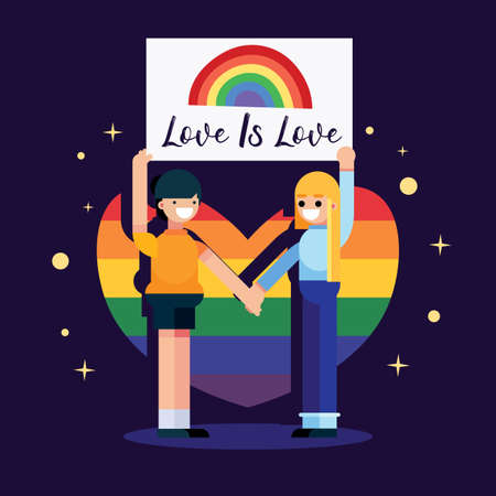 Pride month, love is love two Couple girls holding rainbow placards heart celebration banner poster design vector backgroundのイラスト素材