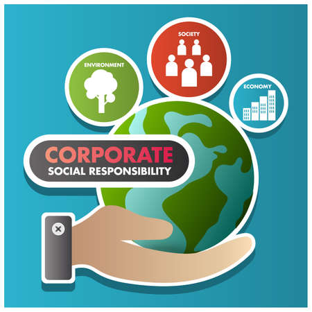 CSR corporate social responsibility, environment tree, economy buildings, society people, globe earth in hand vector template banner design posterのイラスト素材