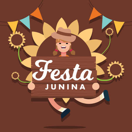 Sao Joao Brazil Festa Junina traditional festival party celebration girl dancing illustration design vectorのイラスト素材